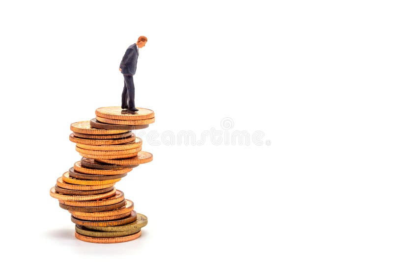 Empresario en miniatura sobre fondo blanco Incertidumbre conceptual del mercado de negocios imágenes de archivo libres de regalías