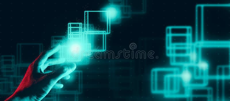 Empresario interactivo tocando una holografía de una red financiera que simboliza la posesión de tecnología fotografía de archivo