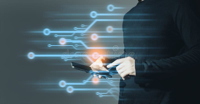 Empresario interactivo tocando una holografía de transacciones sistema de datos de red financiera concepto de tecnología fotografía de archivo