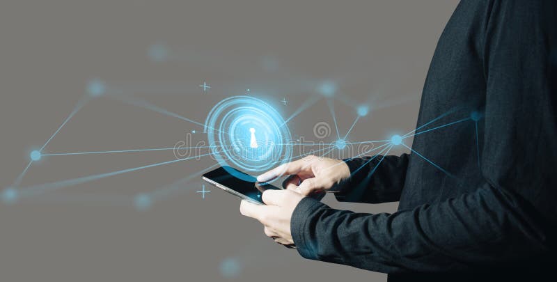 Empresario interactivo tocando una holografía de transacciones sistema de datos de red financiera concepto de tecnología imagen de archivo