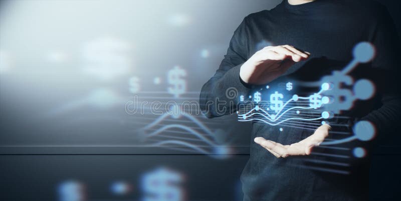 Empresario interactivo tocando una holografía de transacciones sistema de datos de red financiera concepto de tecnología imagenes de archivo