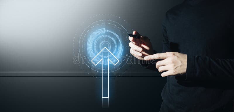 Empresario interactivo tocando una holografía de transacciones sistema de datos de red financiera concepto de tecnología fotos de archivo libres de regalías