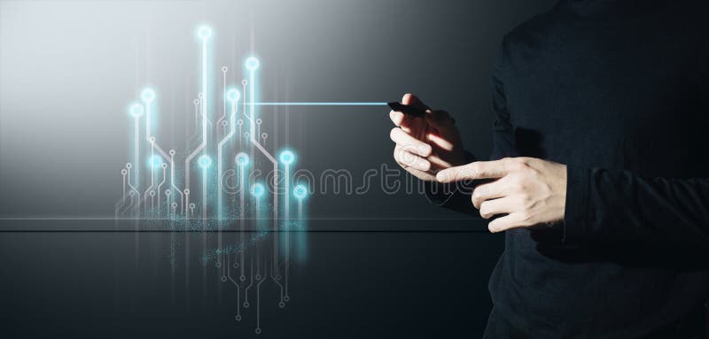 Empresario interactivo tocando una holografía de transacciones sistema de datos de red financiera concepto de tecnología foto de archivo