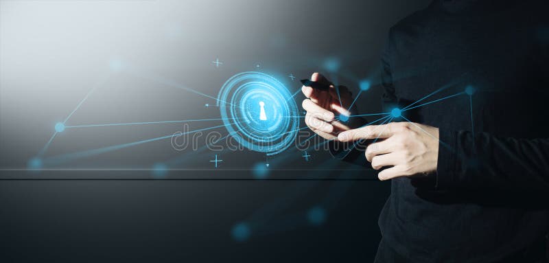 Empresario interactivo tocando una holografía de transacciones sistema de datos de red financiera concepto de tecnología foto de archivo