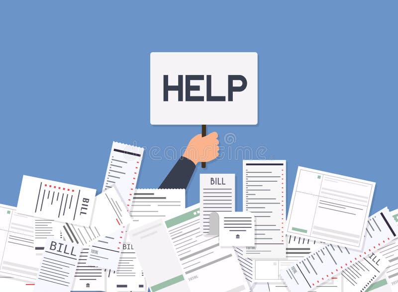 Empresario necesita ayuda bajo muchas cuentas Pagar facturas Pago de las facturas de servicios públicos, bancos, restaurantes y o stock de ilustración Empresario necesita ayuda bajo muchas cuentas Pagar facturas Pago de las facturas de servicios públicos, bancos, restaurantes y o stock de ilustración