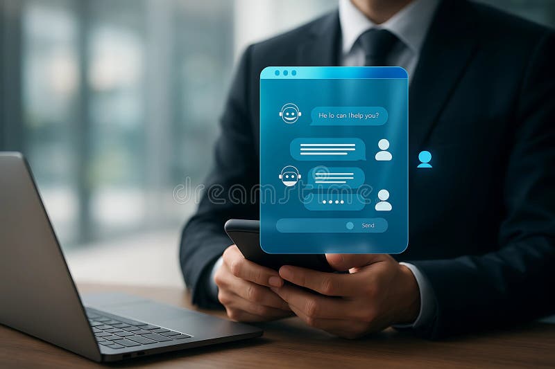 Empresario que utiliza un robot de tareas de IA en el móvil para el soporte al cliente y la comunicación virtual libre illustration