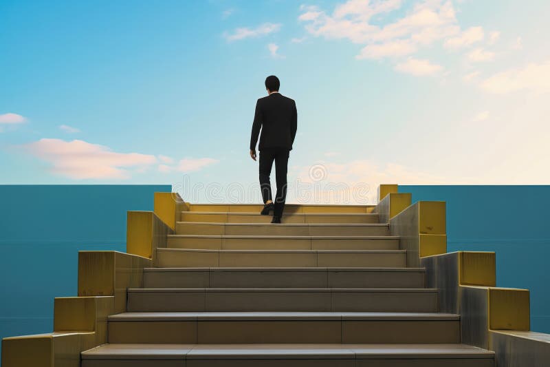 Empresario sube escaleras para tener éxito en su carrera. un ejecutivo masculino ambicioso asciende por la escalera de la empresa. imagen de archivo libre de regalías