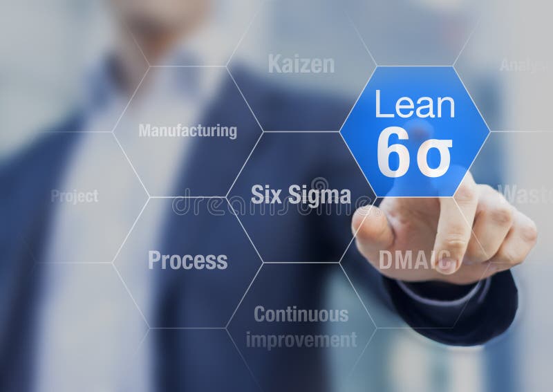 Empresario tocando el botón lean six sigma para una fabricación mejorada imagenes de archivo