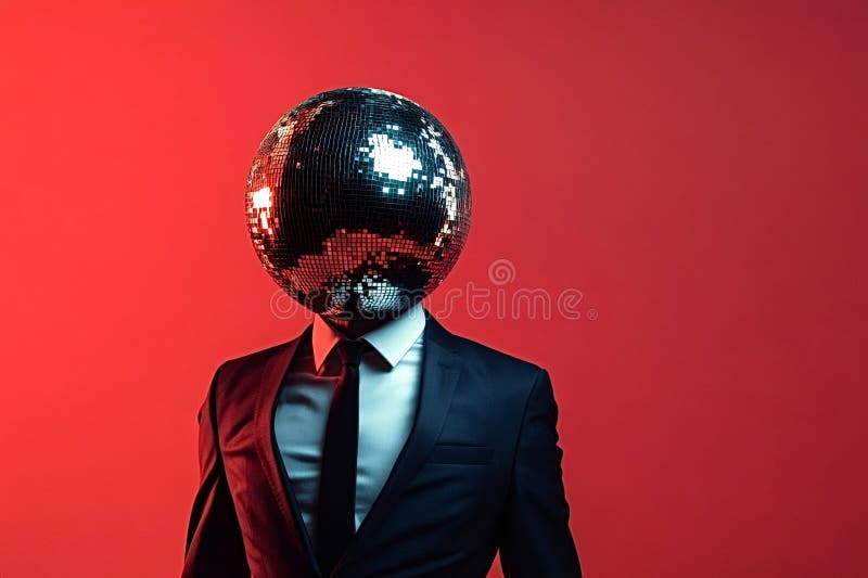 Empresario vestido con traje con cabeza de disco con fondo rojo foto de archivo