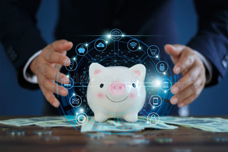 Empresarios protegen los bancos de piggy y la banca en línea, Financial and payment, marketing digital, compras en línea y client