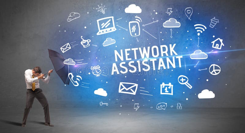 Empresário defendendo com o conceito de tecnologia moderna de guarda-chuva ilustração do vetor