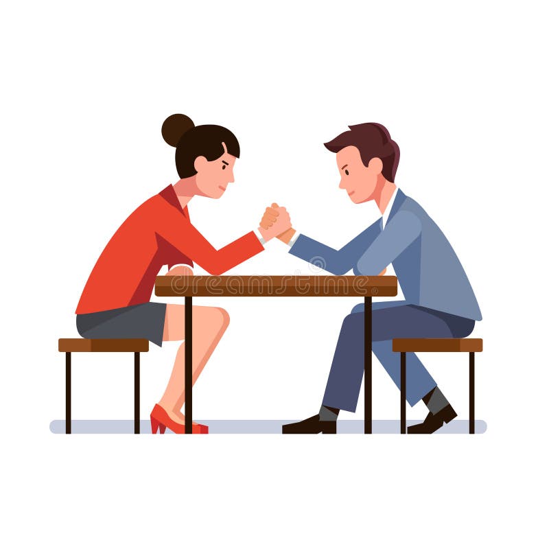 Business man and woman sitting and arm wrestling at desk. Business rivals competing. Office worker gender competition and confrontation concept. Flat vector illustration isolated on white. Business man and woman sitting and arm wrestling at desk. Business rivals competing. Office worker gender competition and confrontation concept. Flat vector illustration isolated on white