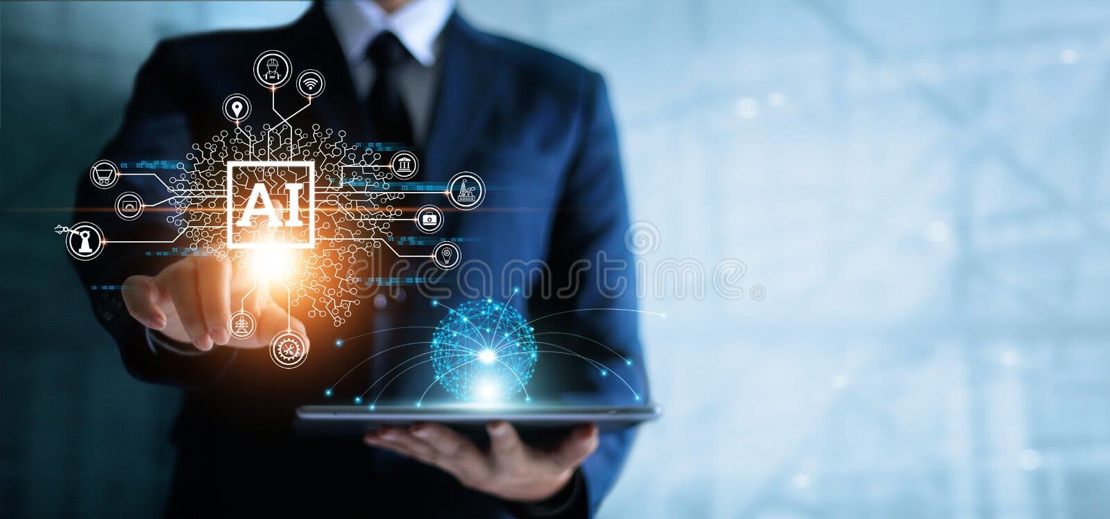Empresário tocando o cérebro trabalhando com inteligência artificial ai no negócio futurista e codificando desenvolvimento de soft Empresário tocando o cérebro trabalhando com inteligência artificial ai no negócio futurista e codificando desenvolvimento de soft