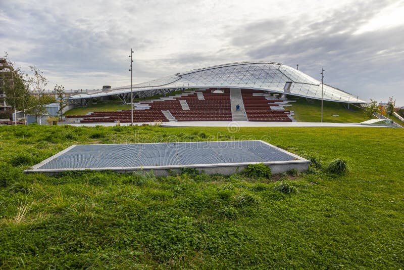 Empty amphitheater of the View Hill in Zaryadye Park royalty free stock photos