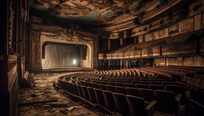 Empty auditorium, old stage, spooky, illuminated by ancient movie theater generated by AI
