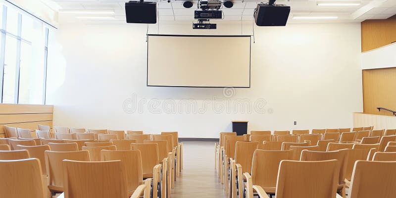 Empty auditorium with wooden chairs and a large projector screen stock illustration