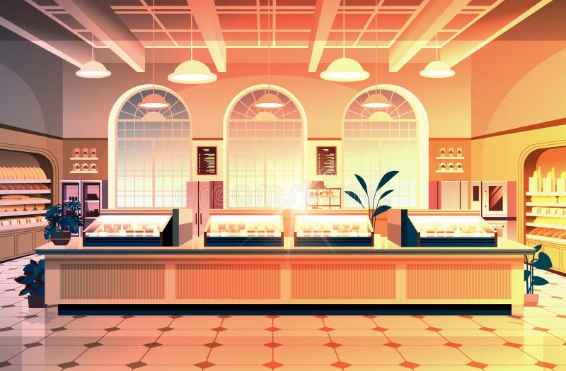 Empty Bakery Interior Shop Showcase with Fresh Pastries Sweets Cakes ...