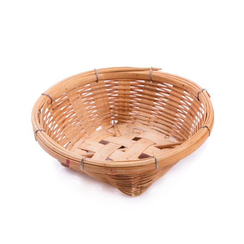 Empty Bamboo Flat Basket On White Background Stock Photo