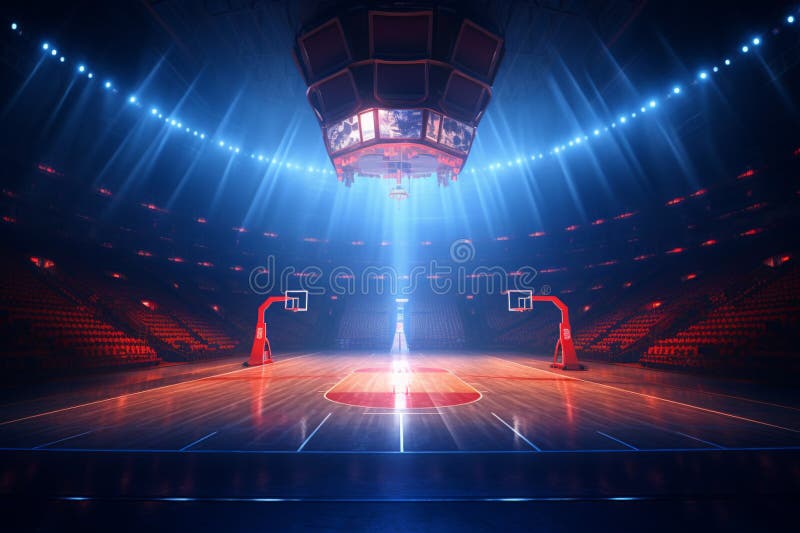 Empty basketball court with lights and spotlights. 3D Rendering - royalty free illustration.