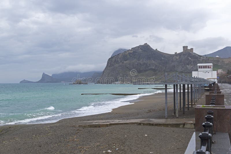 An empty beach in cloudy day. Crimea.