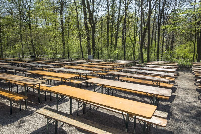 Empty beergarden tables in the english Garden in Munich