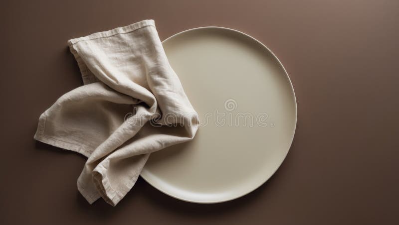 Empty beige plate with beige linen napkin on a dark brown background top view flat lay stock photos