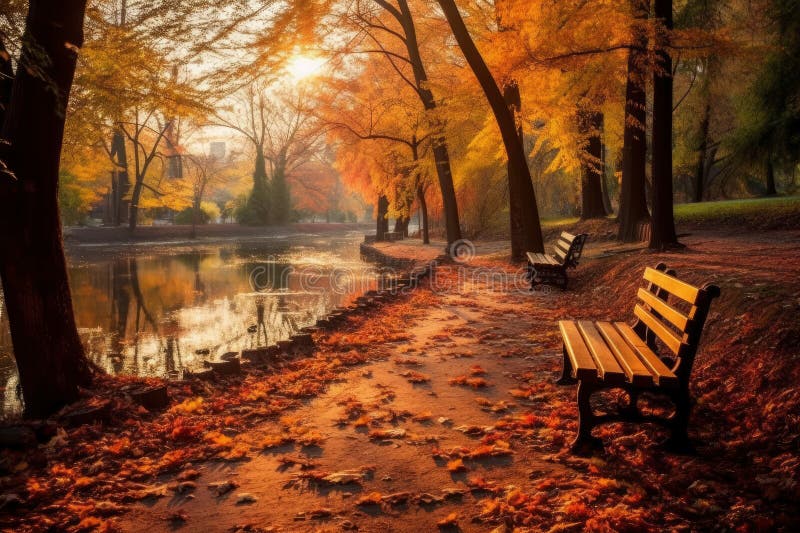Empty Bench in Autumn Park, Fall Landscape, AI Generated Stock ...