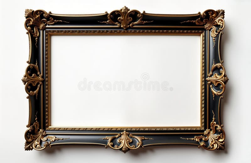 Empty black, gold ornate wooden frame. Luxurious vintage style. Retro decor. Classic design. Suitable for wall gallery display. royalty free illustration