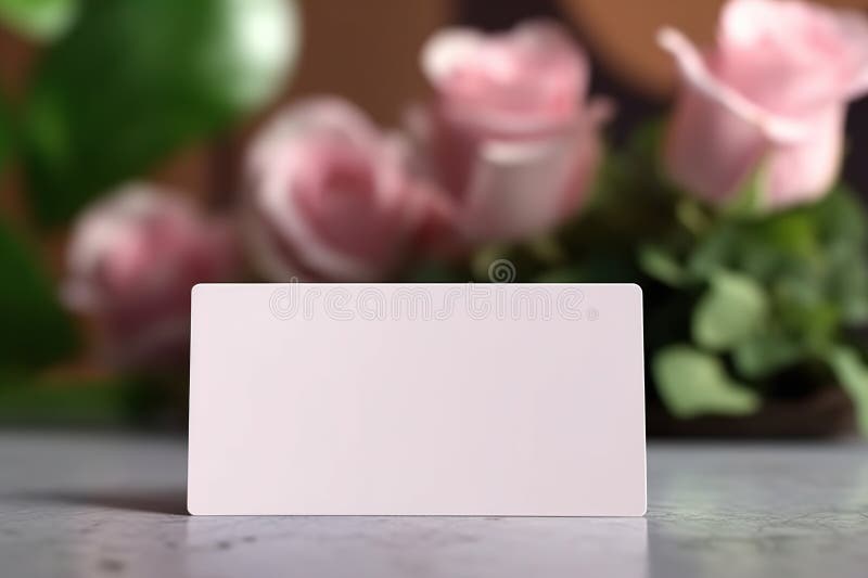 Empty blank business card on table with bouquet of pink roses, mock up royalty free illustration
