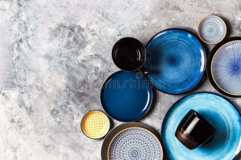 Empty Blue Plates on Grey Background Stock Image Image of white, blue