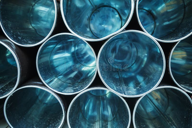 Abstract industrial background, empty blue shining metal tubes with perspective effect