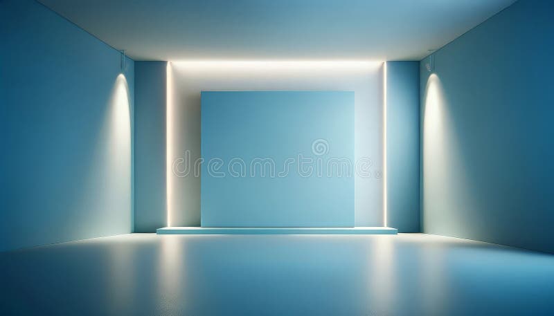 Empty blue square picture frame on a wall with dramatic lighting stock illustration