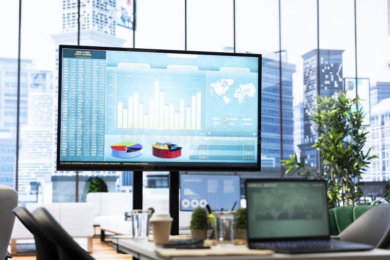 Empty Boardroom Setup with a Computer Displaying Financial Data Stock