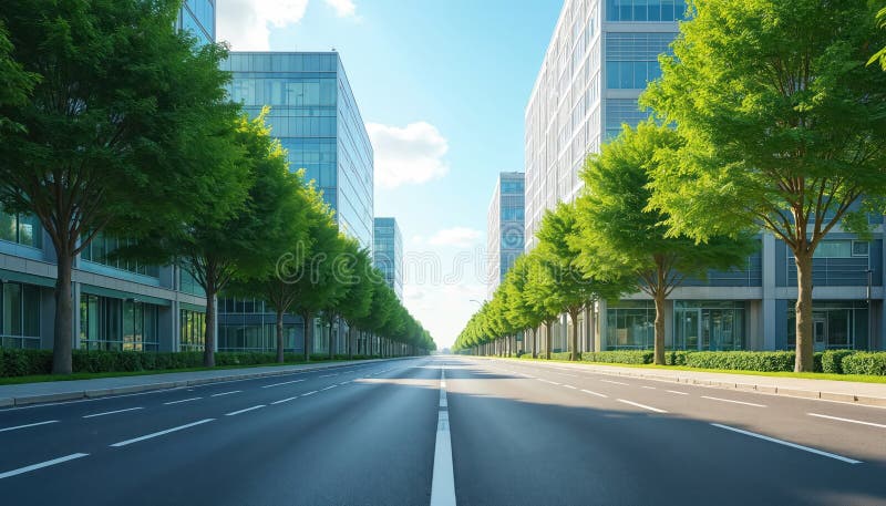 Empty business park road lined with corporate buildings and trees. Modern architecture with glass windows and cement structures royalty free illustration