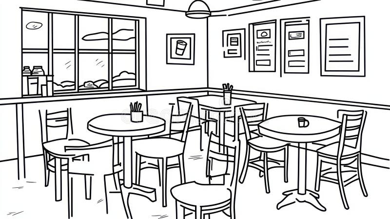 Coffee Shop Interior Sketch, Empty Cafe Outline, Bistro Scene royalty free illustration