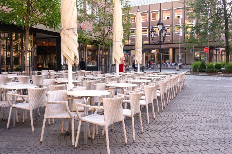 Empty cafe on the street in the early morning in the city of Nuremberg