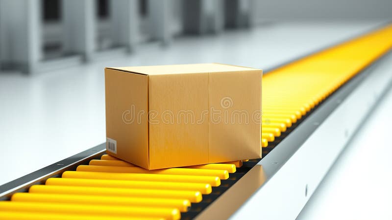 Empty Cardboard Box on a Bright Yellow Conveyor Belt A Realistic 3D Rendering for Ecommerce and Logistics Packaging vector illustration