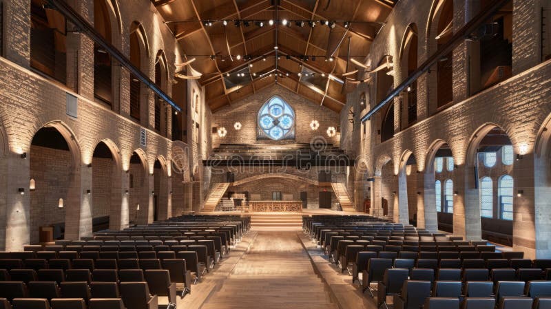 Rows of chairs are neatly arranged in an empty church, leading towards a large window that bathes the interior in natural light. AI generated. Rows of chairs are neatly arranged in an empty church, leading towards a large window that bathes the interior in natural light. AI generated