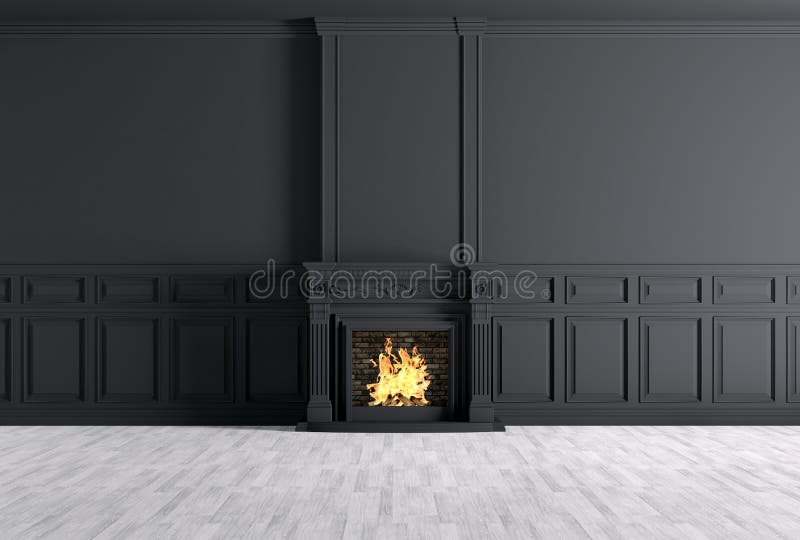 Empty classic interior of a room with fireplace over black wall