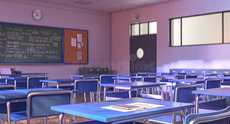 Empty classroom with blue desks and chalkboard 3d royalty free illustration