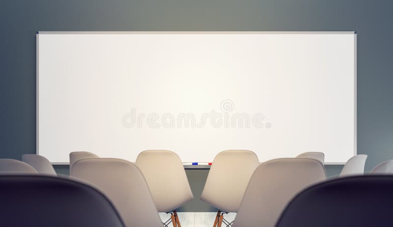 Empty classroom with chairs and big clean white board stock illustration