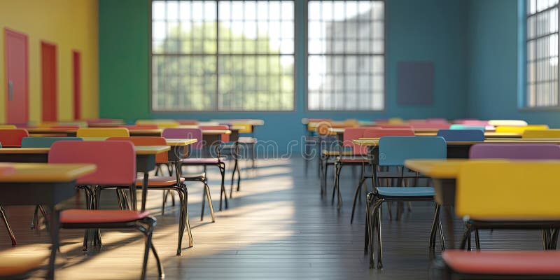 Empty classroom with colorful desks background, a bright and cheerful learning space featuring desks in vibrant hues arranged royalty free illustration