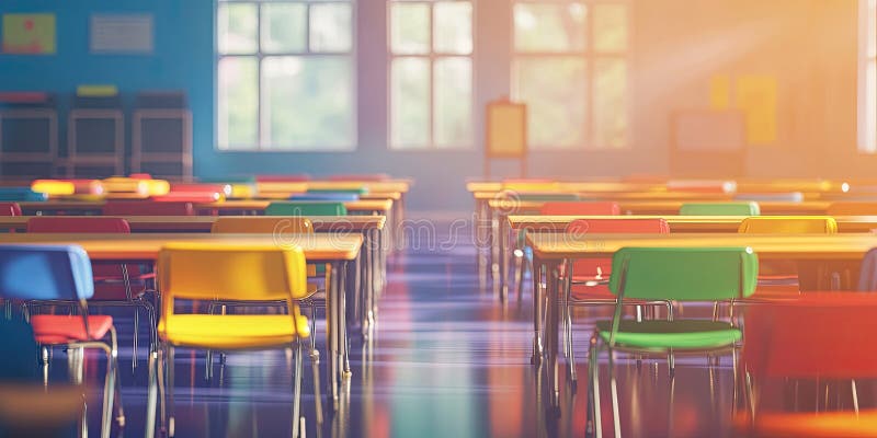 Empty classroom with colorful desks background, a bright and cheerful learning space featuring desks in vibrant hues arranged vector illustration