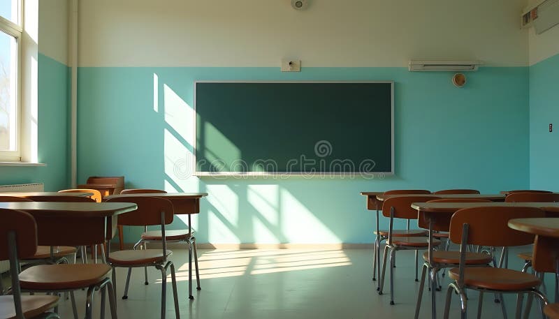 Empty Classroom with Desks and a Blackboard Ready for Students to Learn and Study in a Bright Environment stock images