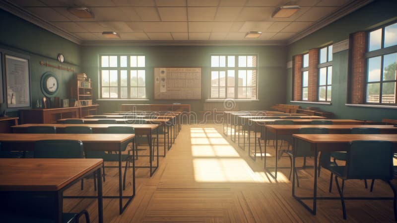 Photo of an empty classroom with desks and a clock stock illustration