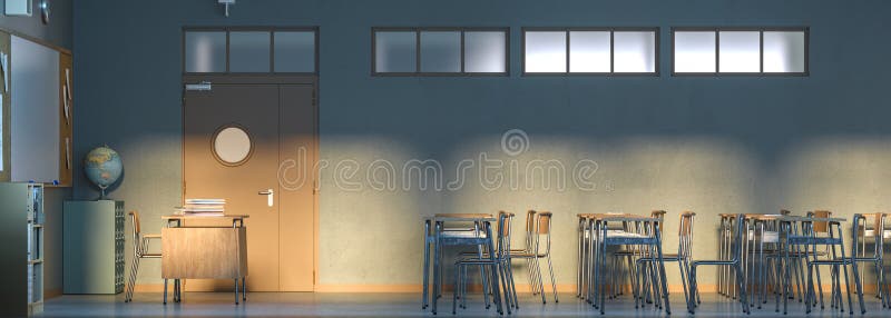 Empty classroom filled with sunlight, waiting for students royalty free illustration
