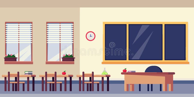 Empty classroom interior, vector flat illustration. School furniture and design elements. Back to school background royalty free illustration