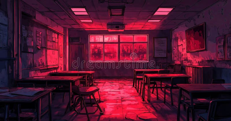Empty classroom at night, illuminated by red light, showing desks, chairs, and a bulletin board royalty free illustration