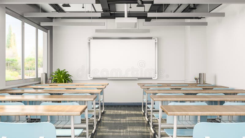 Empty classroom or presentation room interior with desks chairs and whiteboard 3d rendering royalty free illustration.