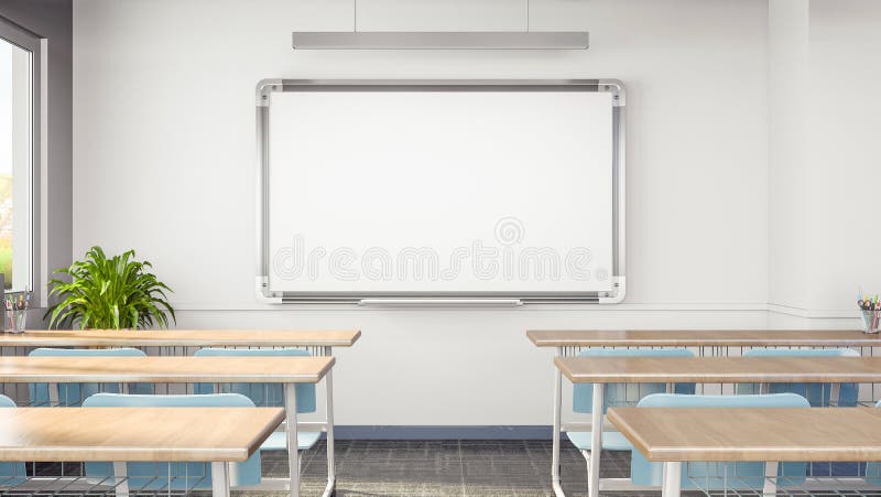 Empty classroom or presentation room interior with desks chairs and whiteboard stock illustration.